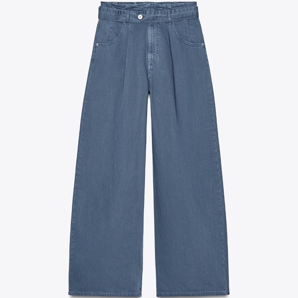 Zara petrol blue belted wide leg high rise paperbag jeans NWT - Picture 1 of 12